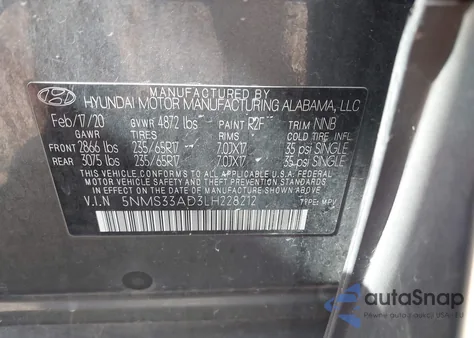 2020 Hyundai Santa Fe Sel из США, поврежденный, VIN 5NMS33AD3LH228212